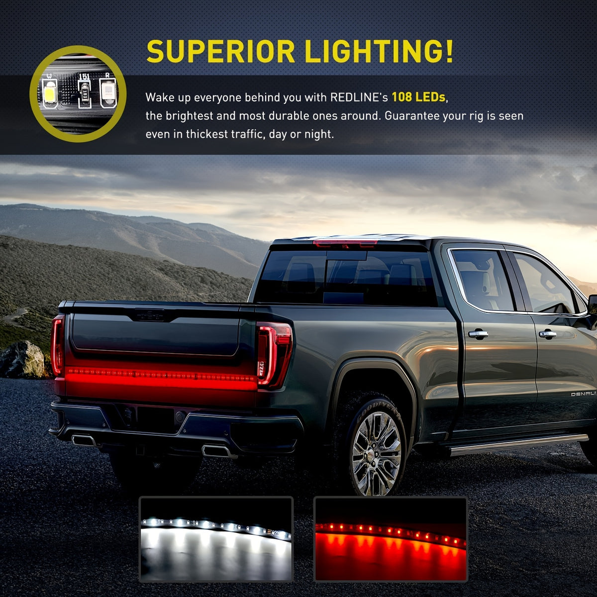 60" Truck Tailgate Light Bar, 108 LED Single Row Light Strip, with Red Running Brake Lights, Turn Signal White, Reverse Light, for Car Truck Additions, Without Battery