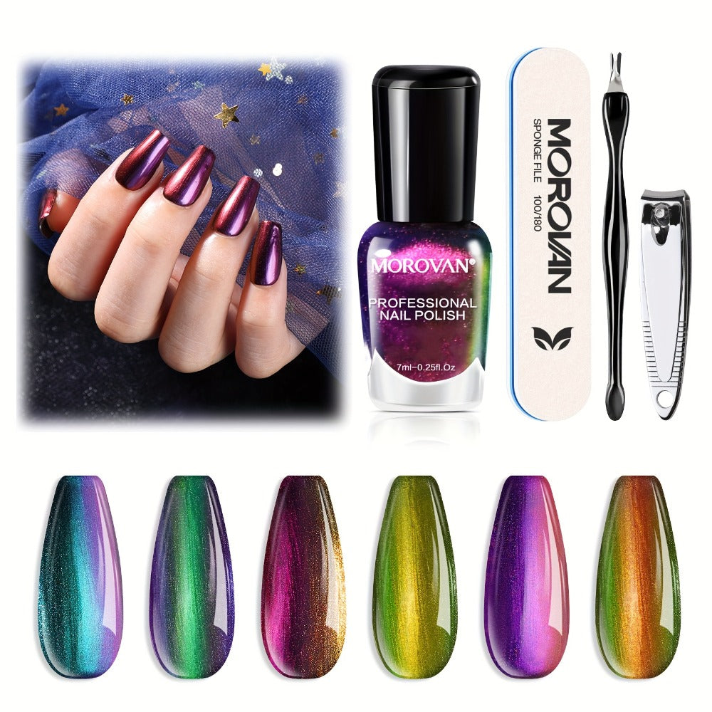 Holographic Nail Polish Set 6pcs Air Dry No UV Lamp – Metallic Glitter Rainbow Shimmer Lacquer 0.25oz, Finger & Toenail Polish Kit, Nail Art Gift Set for Women Girls by Morovan