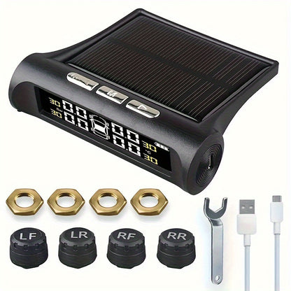 SCBLAZE Solar Power Car Tire Pressure Monitor TPMS, Auto Security Alarm System, 6 Modes Auto Alarm Real-Time Pressure Tracking, Host Only Receives, Tyre Pressure Sensor Kit