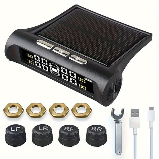 SCBLAZE Solar Power Car Tire Pressure Monitor TPMS, Auto Security Alarm System, 6 Modes Auto Alarm Real-Time Pressure Tracking, Host Only Receives, Tyre Pressure Sensor Kit