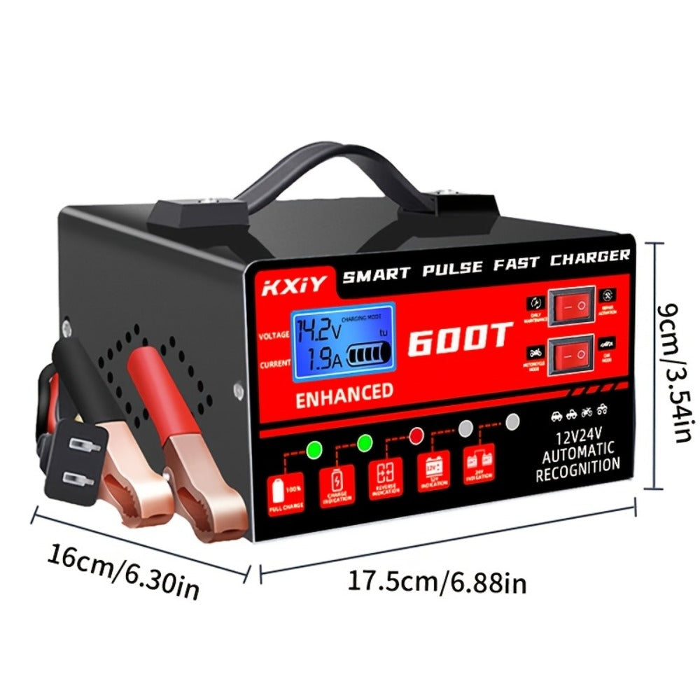 Smart Battery Charger 12V/24V with Pulse Repair & LCD Screen – Trickle Charger & Maintainer for Car, Truck, Motorcycle, Boat, Lawn Mower, Temperature Regulated