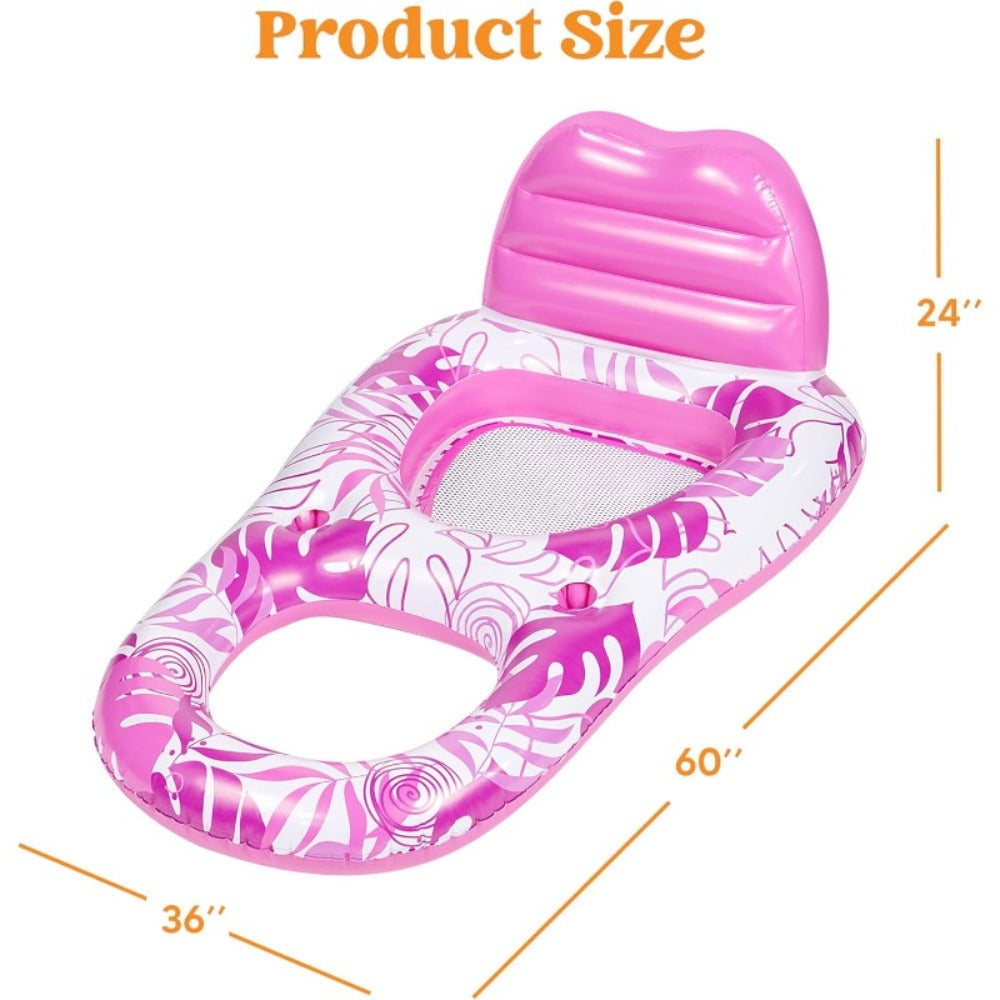 Recliner Pool Float Lounger for Adults – Inflatable Zero-Gravity Floating Chair with Cup Holders, Mesh Seat & Foot Rest, Pink Tropical Leaf Design, Summer Pool Party Water Toy