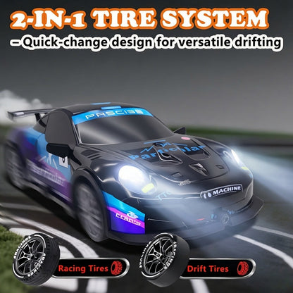 Alloy RC Drift Car 1:24 Scale 4WD 28KM/H with Drift Tires LED Lights Barricades & 2 Batteries – BSJ Crash-Resistant Remote Control Racing Car for Boys Girls Ages 6+ Birthday Christmas Gift Black Yellow