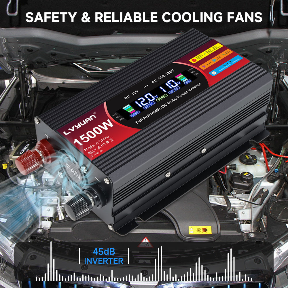 1500W (Peak) Car Power Inverter DC 12V to 110V/120V AC Converter with LCD Display Dual AC Outlets and Dual USB Car Charger for Car Home Laptop Truck Red.