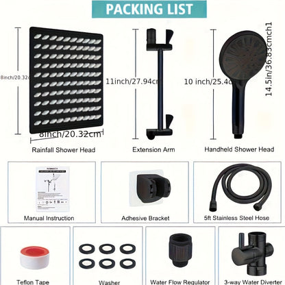 High Pressure Shower Head Combo with Handheld Shower Wall Mounted 9 Spray Settings Rainfall Shower System Adjustable Angle Leakproof with Hose for Modern Bathroom Chrome Matte Black