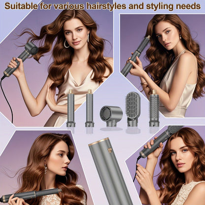 5-in-1 Hot Air Brush Negative Ion Hair Styler Blow Dryer Curler Straightener Volumizer Frizz Control Smooth Finish Multi-Function Styling Brush All Hair Types Women Black Grey Pink Salon Quality