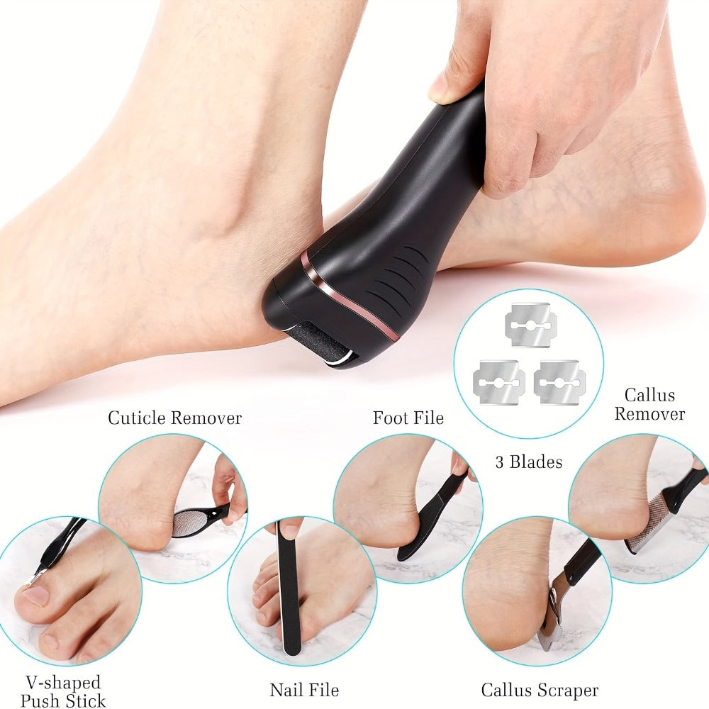 Electric Foot File 14-in-1 Rechargeable Pedicure Kit 3 Roller Heads Dead Skin Callus Remover Portable Foot Scrubber Professional Foot Care Tool for Women Men Black White Silver