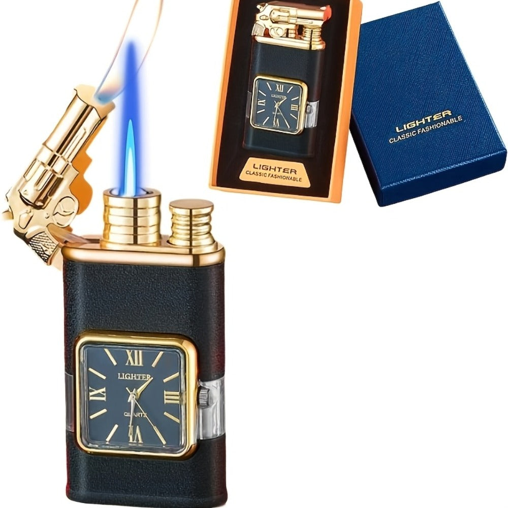Double Flame Windproof Lighter Creative Retro Metal Lighter Dragon Eagle Gun Shape Quartz Dial Portable Outdoor Lighter Men Gift Box Butane Gas Not Included