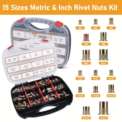 Rivet Nut Tool Kit 16-Inch – Hand Riveter Set with 15 Mandrels M3-M12 & 6-32 to 1/2-13, 300 Metric & SAE Rivet Nuts Included, Professional Nutsert Installation Tool for Metal Fabrication