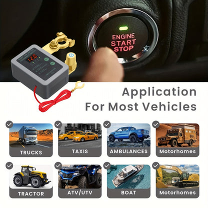 Car Battery Auto Power Off Switch with LED Voltage Display - 12V/24V Anti-Drain Protection, Low Voltage Alarm, 240A Remote Control Battery Disconnect