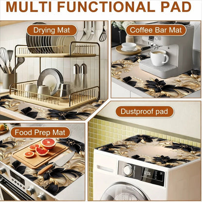 Gas Stove Protector Mat Luxury Black Gold Floral | Heat-Resistant Stain-Proof Cooktop Cover | Reusable for Induction Cooker, Glass Cooktop, Oven & Washer Dryer Top