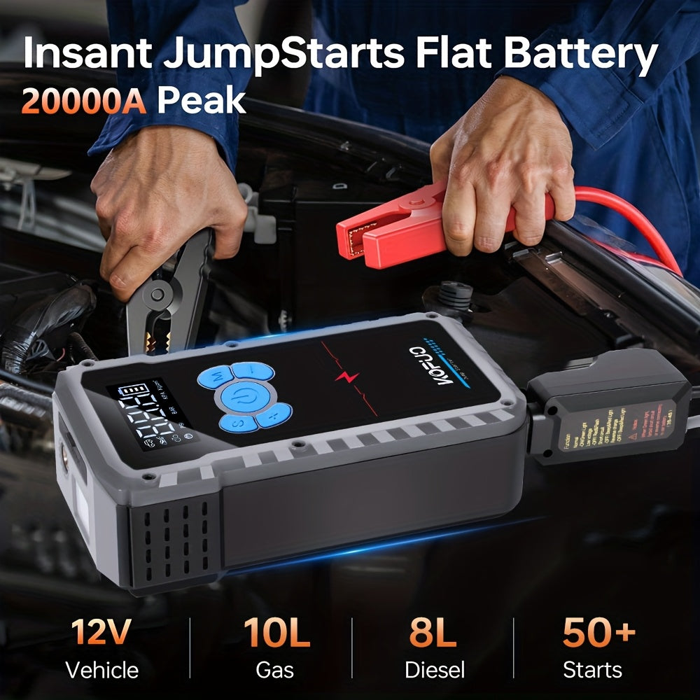 KOPUO 20000A Peak 12V Jump Box, Optional 6000A Jump Starter, Heavy Duty Car Jump Starter And Air Compressor, 150PSI Cordless Tire Inflator with Digital Gauge, All-in-One for 2.64gal Gas/2.11gal Diesel Vehicle, 3-Mode LED Light Camping Emergency