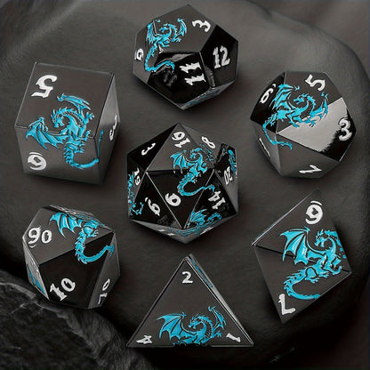 Dragon Metal Dice Set 7pcs Hand-Polished – Retro Carved Dragon Pattern Polyhedral DnD TTRPG RPG Dice with Dragon Storage Bag, D4 D6 D8 D10 D12 D20, Bronze Silver Black Blue White Cyan