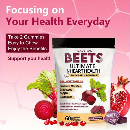 Super Beet Chewable Gummies with CoQ10 Grape Seed Extract & B Vitamins — 4-in-1 Blood Pressure Heart Health Circulation & Energy Support for Women and Men | 60 120 or 180 Count