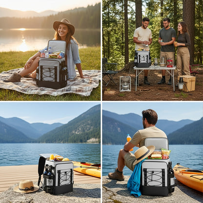 Insulated Cooler Backpack Leakproof Thermal Lunch Bag, Large Capacity Waterproof Cooling Rucksack for Camping, Hiking, Picnic & Beach, Foldable Soft Cooler Bag for Men & Women, Black & Grey