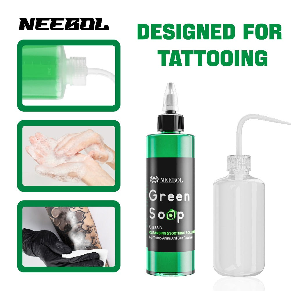 Tattoo Green Soap Concentrated Cleaning Solution 8.5oz with Squeeze Bottle Skin Prep Before During & After Tattooing Moisturizing Balm Lint-Free Wipes for Artists & PMU