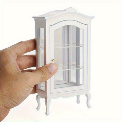 Miniature Display Cabinet with Mirror & 3 Glass Shelves White Wooden Mini Showcase – Dollhouse Decoration Photography Prop Wedding Scene Decor, Collectible Gift for Miniature Enthusiasts & Collectors