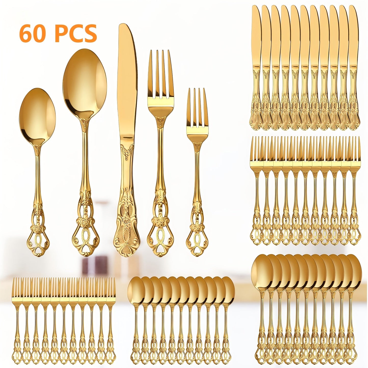 Stainless Steel Flatware Set – Vintage Royal Golden & Silver Silverware Set for 6, Rust-Resistant Dishwasher Safe Cutlery with Forks, Spoons & Knives – Available in 30 / 48 / 60 / 84 Piece Sets