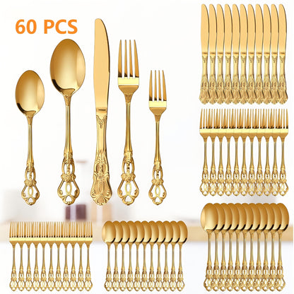 Stainless Steel Flatware Set – Vintage Royal Golden & Silver Silverware Set for 6, Rust-Resistant Dishwasher Safe Cutlery with Forks, Spoons & Knives – Available in 30 / 48 / 60 / 84 Piece Sets