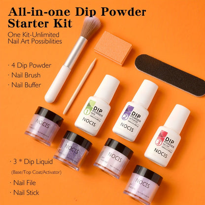 Dip Powder Nail Kit 4 Colors Lilac Lavender Purple Glitter - All-in-One Beginner Manicure Set with Base Coat Activator Top Coat No UV Lamp French Nail Art Home Salon