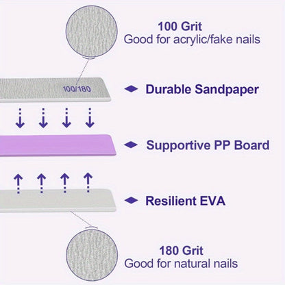 Emery Boards Nail Files 50 Pack 100 180 Grit Double Sided Professional Fingernail Filer Set Reusable for Natural Acrylic Gel Nails Manicure Salon Home Use