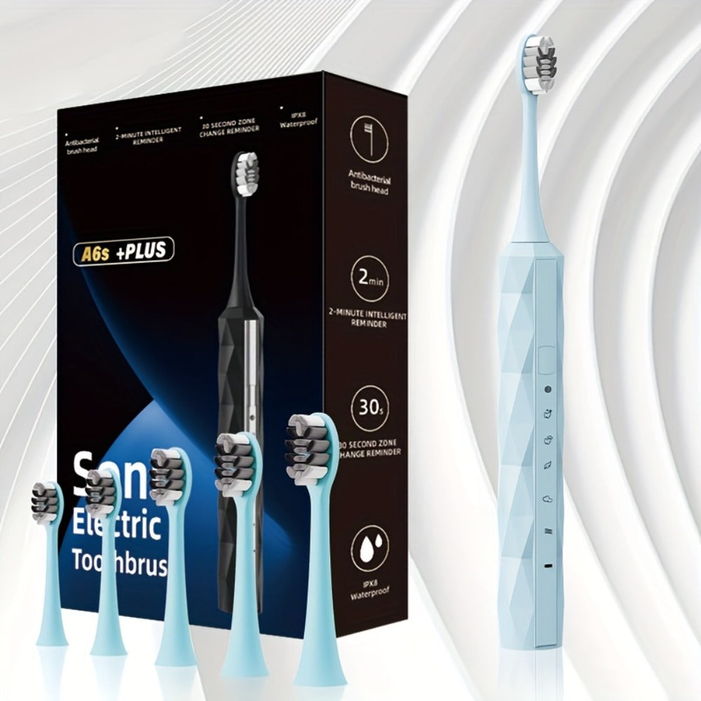 Sonic Electric Toothbrush IPX8 Waterproof – USB Rechargeable, Smart Timer, Metal Handle, 5 Replacement Brush Heads, Soft Bristles for Adults Men & Women – Black & Blue