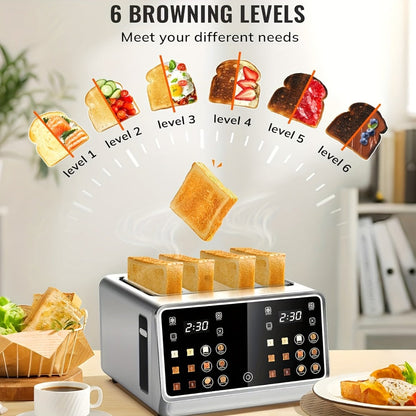 4-Slice Digital Smart Toaster with Touchscreen | Dual Control Panel, Single Slot Toasting, Timer, Reheat & Defrost Functions for Bagels, Bread & Waffles – Stainless Steel Kitchen Essential