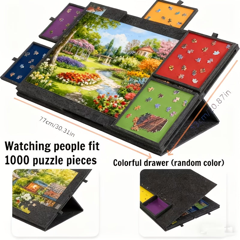 Jigsaw Puzzle Board with 6 Colored Drawers for 1000 & 1500 Piece Puzzles – Portable Tilting Felt Mat, 2-in-1 Bracket Cover, Lightweight Puzzle Storage Organizer for Adults