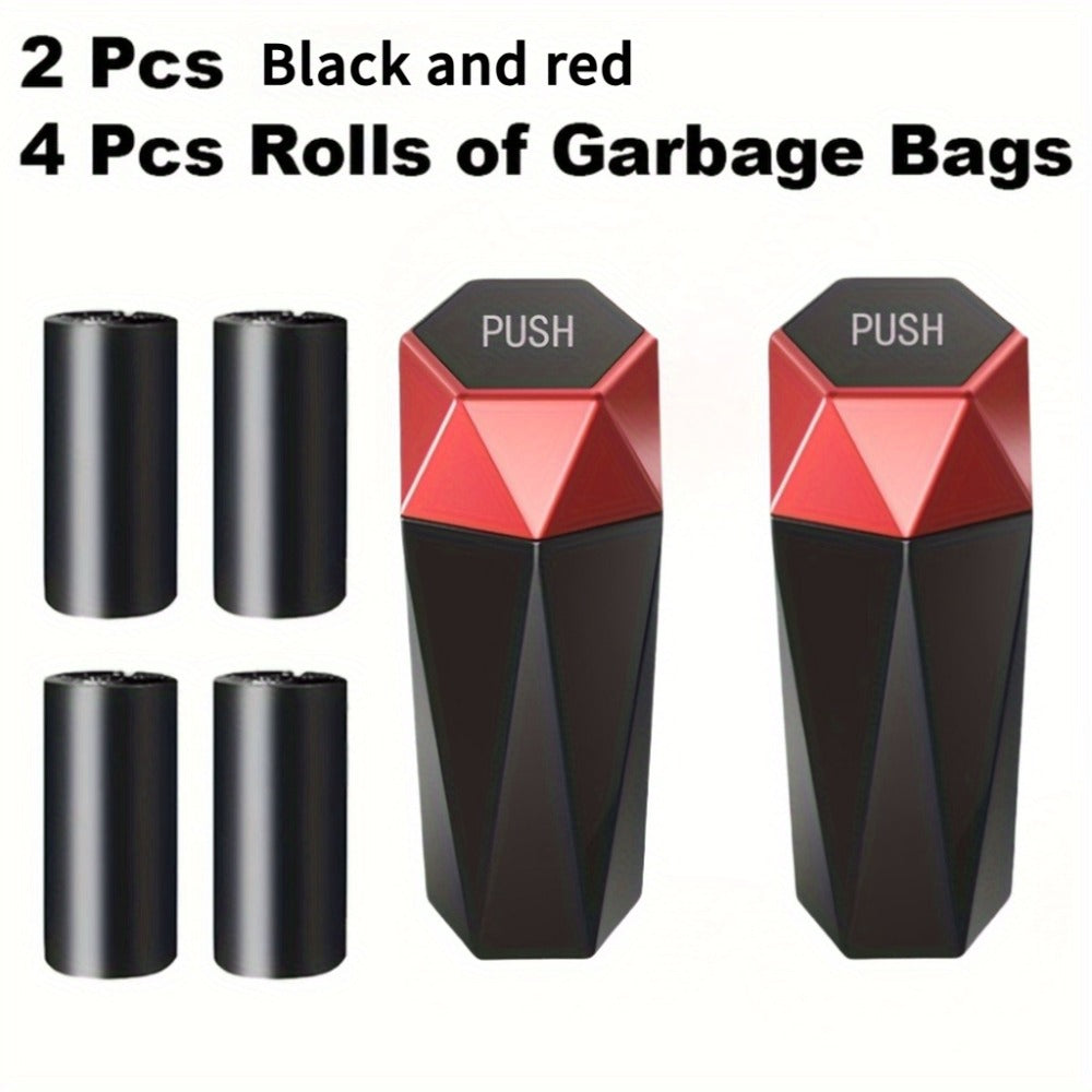 Car Trash Can with Trash Bags – Mini Diamond Design Car Bin Set, 2 Cans + 60 Bags (4 Rolls), One-Button Lid, Fits Cars Trucks SUVs – Car Interior Organizer