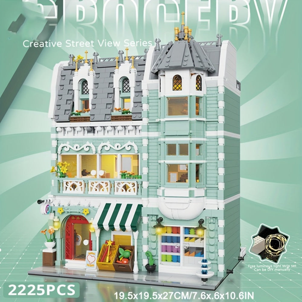 Modular City Building Blocks Set – European Architecture Grocery Store & Market Street, 3-Level Mini Brick Model Kit for Adults & Teens, Creative Assembly Home Decor Display Piece, Great Gift
