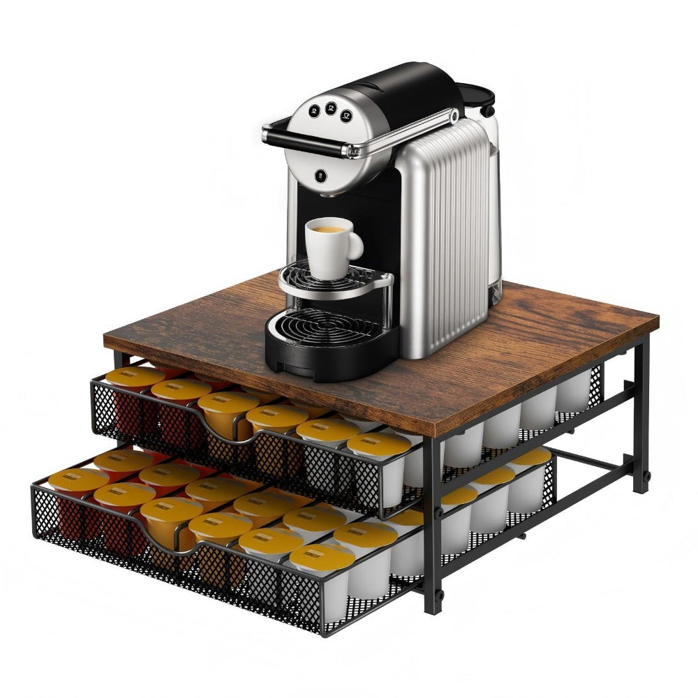 K-Cup Coffee Pod Holder 72 Capacity – 2-Tier Sliding Drawer Coffee Pod Organizer with Wood Top & Metal Frame, Non-Slip Base, Stackable Countertop Storage for Home, Office & Cafe – Silver