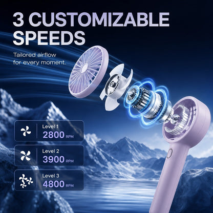 Portable Handheld Fan 16-Hour Battery Life | Air Turbo Tech 3-Speed USB Rechargeable Personal Cooling Fan for Outdoor Activities, Travel & Work – Upgraded Purple, White & Mini Light Blue