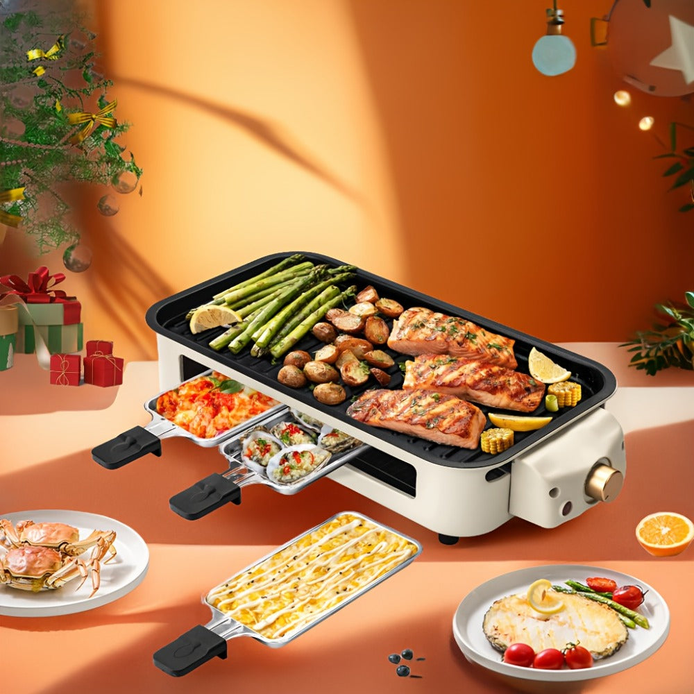 Indoor Electric Smokeless Grill 1500W – Raclette Table Grill with 3 Mini Pans, 16x9" Non-Stick Detachable Plate, Dishwasher Safe, Portable for Home Kitchen