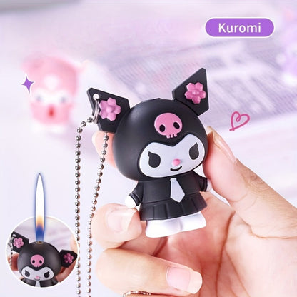 3D Kawaii Anime Figure Lighter with Chain, Cute Kuromi Sanrio Cartoon Open Flame Butane Lighter, Unique Kawaii Gift for Anime Fans, Available in 3 Colors – Black, Purple & Pink (No Butane Included)