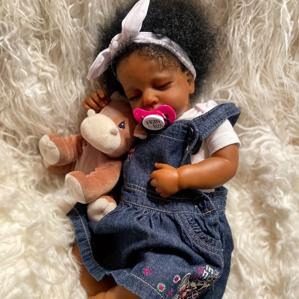 Reborn Baby Doll 19 Inch Curly Blue Hair with Sleeping Sounds Soft Cloth Body & 2.6lbs Lifelike Weight – Hand-Painted Details Includes Outfit Pacifier Plush Toy & Birth Certificate, Newborn Gift Ages 3+ 49cm