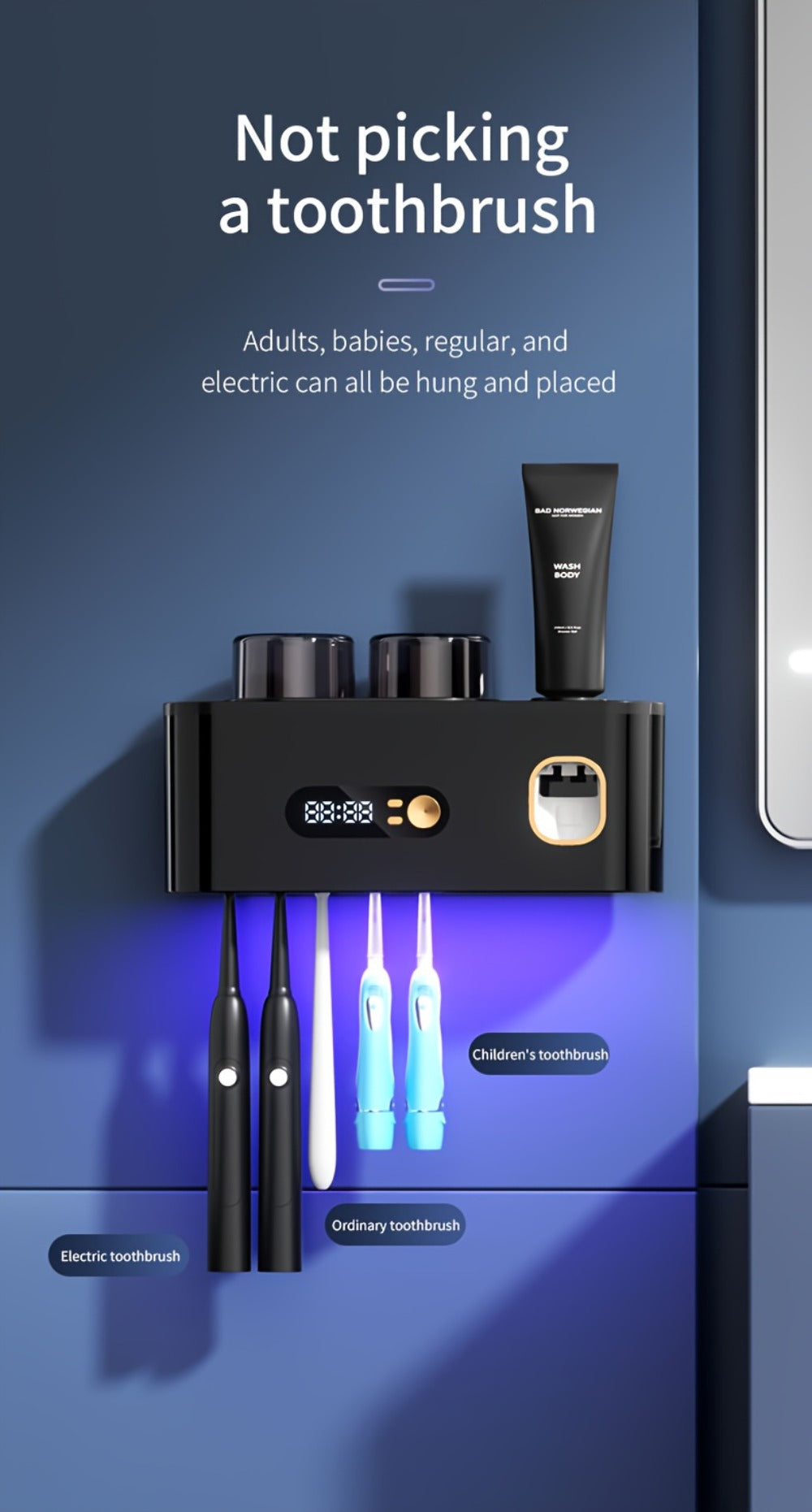 Toothbrush Holder with UV Sterilizer & Automatic Toothpaste Dispenser – 5-Slot Smart Bathroom Organizer with 2 Cups, USB Rechargeable, Clock Display, Durable Plastic Wall Mount for Family Oral Care