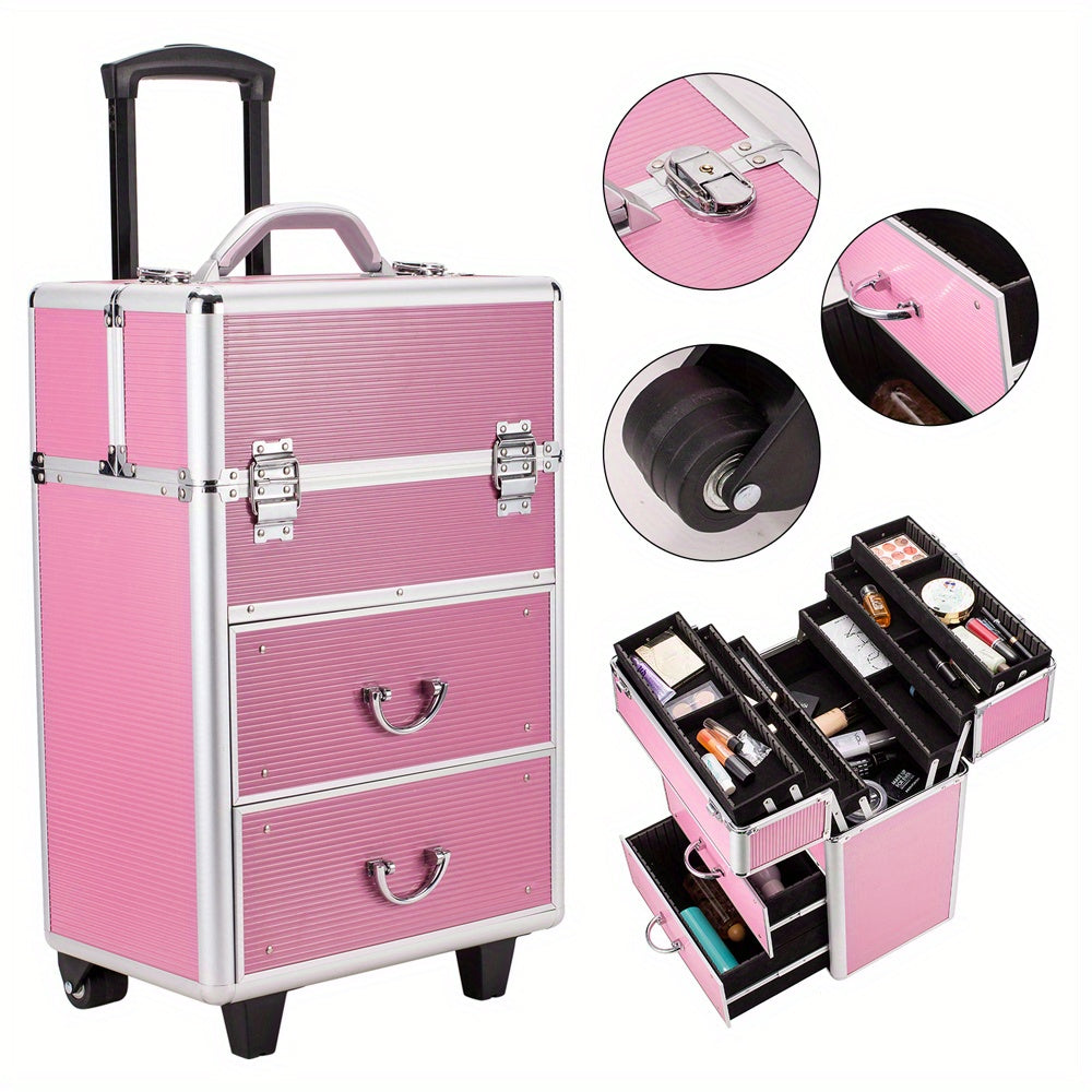 Makeup Train Case 4 Tier Lockable with Extendable Trays Large Capacity Cosmetic Organizer Box for Makeup Artists Salon Professional Beauty Storage Portable Travel Case Pink