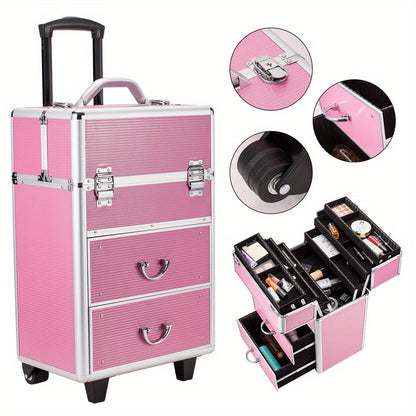 Makeup Train Case 4 Tier Lockable with Extendable Trays Large Capacity Cosmetic Organizer Box for Makeup Artists Salon Professional Beauty Storage Portable Travel Case Pink