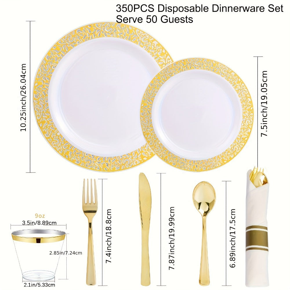 Gold Disposable Dinnerware Set for 50 Guests 350pcs – Includes Dinner Plates, Dessert Plates, 9oz Cups with Gold Rim, Pre-Rolled Napkins & Gold Cutlery | Perfect for Wedding, Party & Holiday Celebration