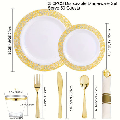Gold Disposable Dinnerware Set for 50 Guests 350pcs – Includes Dinner Plates, Dessert Plates, 9oz Cups with Gold Rim, Pre-Rolled Napkins & Gold Cutlery | Perfect for Wedding, Party & Holiday Celebration