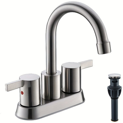 Bathroom Faucet 4-Inch 2-Handle Centerset – 360° Swivel Spout, Pop-Up Drain & Supply Lines Included, 2-3 Hole Vanity Sink Faucet for RV & Home, Brushed Gold, Matte Black, Nickel & Chrome