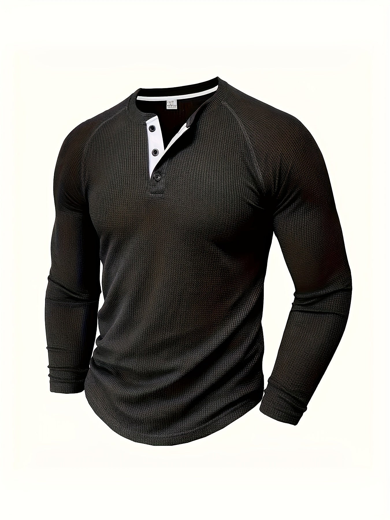 Men's Solid Color Casual Shirt - Crew Neck Long Sleeve