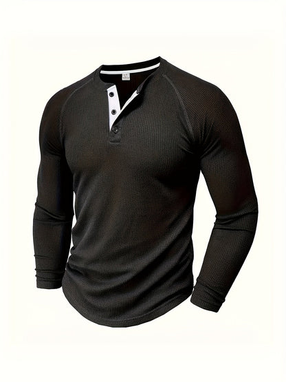 Men's Solid Color Casual Shirt - Crew Neck Long Sleeve