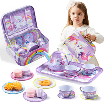 Unicorn Tea Party Set for Girls – Purple Tin Teapot Cups & Plates Pretend Play Princess Kitchen Toy with Storage Case – Magical Unicorn Rainbow Castle Gift for Ages 3+ Birthday Easter Christmas