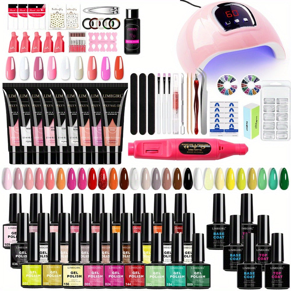 36-Color Polygel Nail Extension Kit with LED UV Lamp – Complete Poly Gel Starter Set with Dual Forms, Slip Solution, Nail Art Brush, Base & Top Coat for Salon-Quality Nail Extensions at Home for Beginners & Professionals