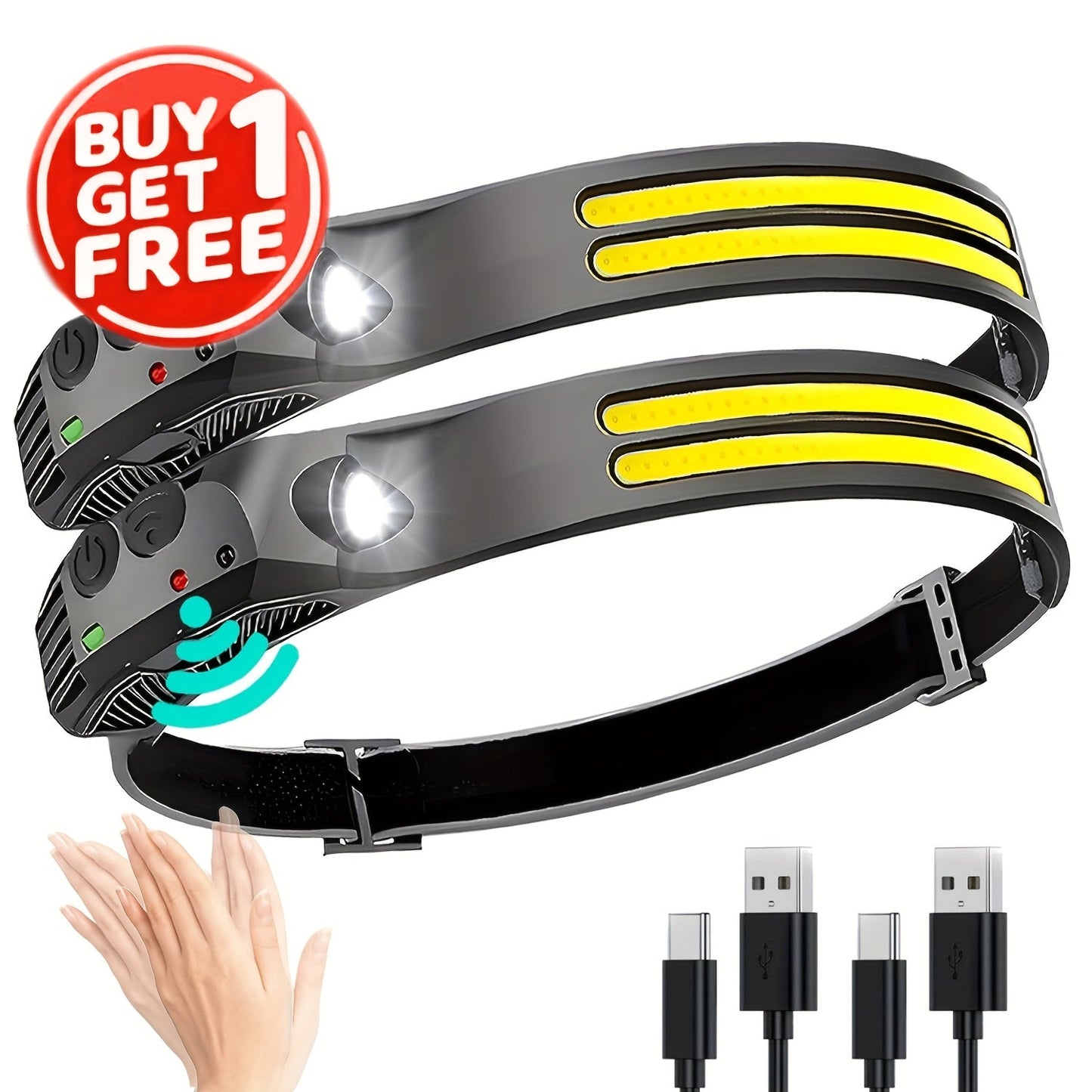 COB LED Headlamp 2 Pack 230° Wide Beam Motion Sensor Rechargeable Head Torch for Hiking Running Fishing Camping Hard Hat