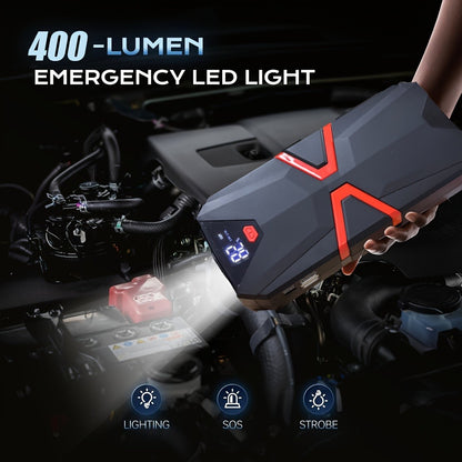 Portable Car Jump Starter with Tire Inflator – 3000A Peak 12V Battery Booster, USB Power Bank, LED Emergency Light, 5-in-1 & 9-in-1 Roadside Emergency Kit for Cars Trucks SUVs