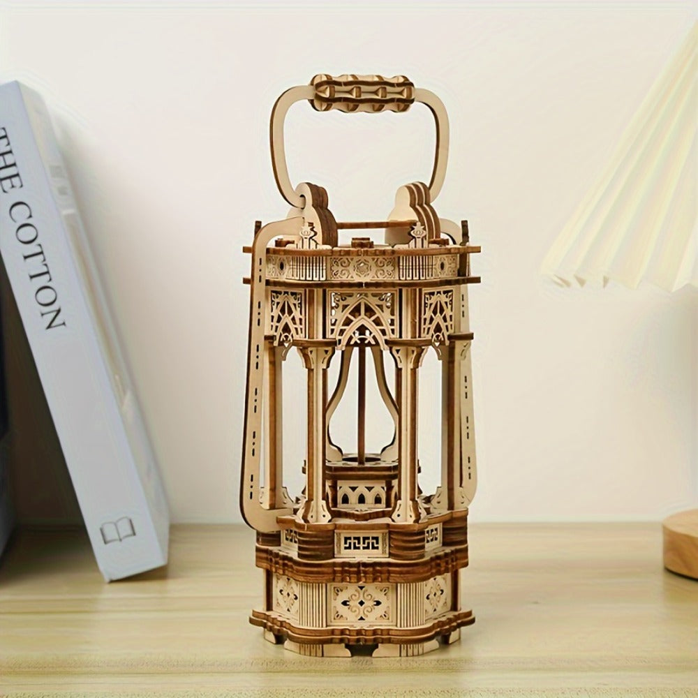 LED Wooden Lantern Model Kit – Rotating Mechanical 3D Wooden Puzzle for Adults & Teens, Glowing Vintage Desk Decor Display, Unique Christmas Birthday Gift for Puzzle Lovers & Craft Enthusiasts