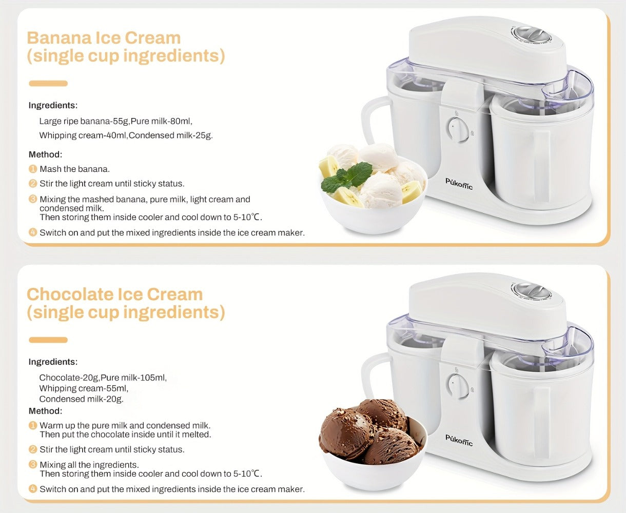 Ice Cream Maker Machine Dual Cup Self-Freezing – Make 2 Flavors Homemade Ice Cream Sorbet Frozen Yogurt at Once, Fast 10-Min Churning, Easy Clean Removable Bowl, Compact Countertop Design