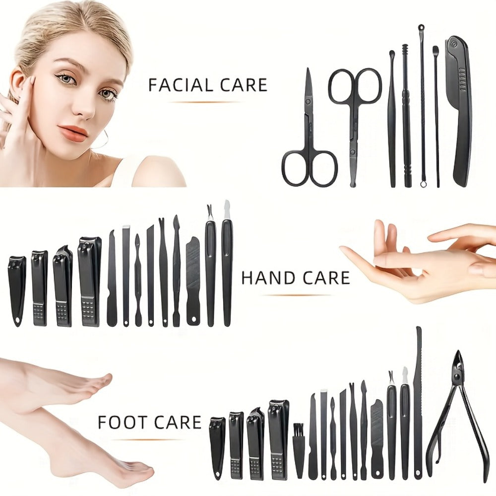 Manicure Pedicure Kit 16 Piece Stainless Steel - Luxury Nail Clipper Set with Portable Case Professional Nail Scissors Beauty Tools for Fingernails Toenails - Gift for Men Women Brown Black